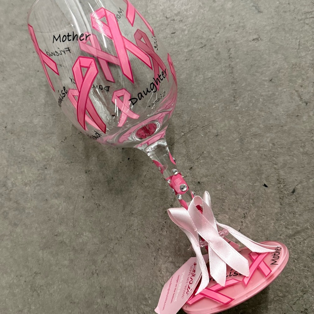 Lolita “Pink Ribbon”  Breast Cancer Awareness Hand Painted Wine Glass NWT
